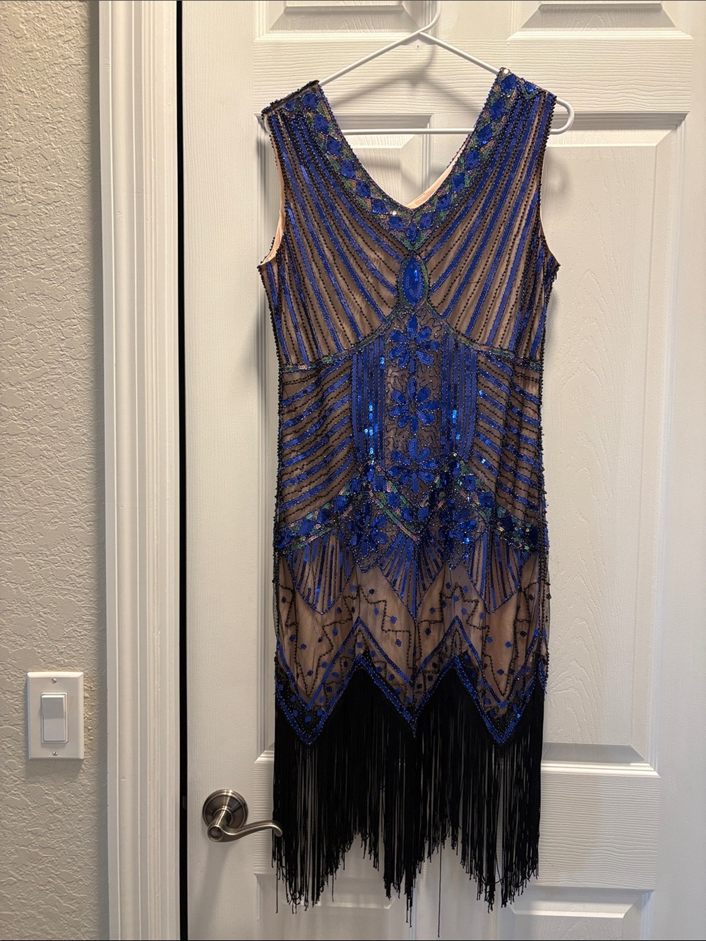 Vintage Beaded Blue Fringe Evening Dress